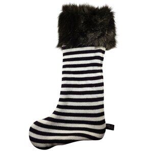 Henri Bendel Striped Knit Christmas Stocking Faux Fur Cuff Black & White